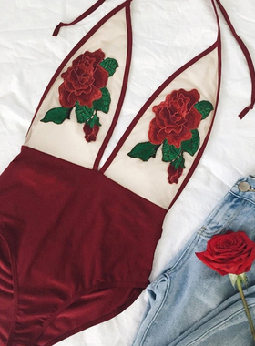 Sexy Rose Embroidery Overalls See Through Beach Bodysuits Wo