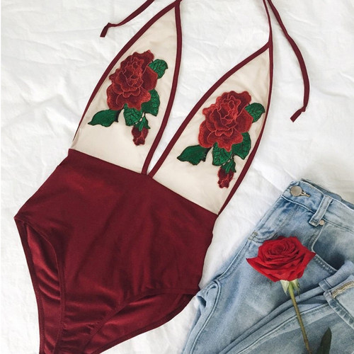 Sexy Rose Embroidery Overalls See Through Beach Bodysuits Wo