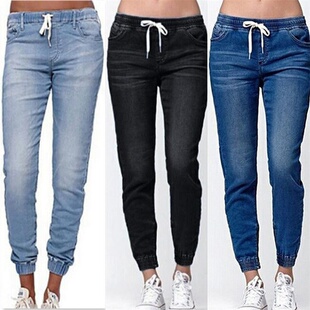 Fashion Elastic Waist Jeans Women Pants Solid Straight Penci