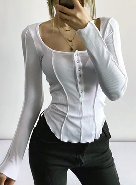 Women Exposed Seams Long Sleeve Top Curved Hem Fitted Long S
