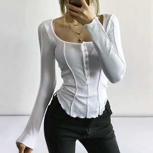 Long Sleeve Fitted Exposed Hem Seams Curved Women Top