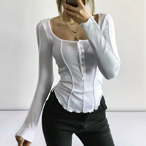 Women Exposed Seams Long Sleeve Top Curved Hem Fitted Long S
