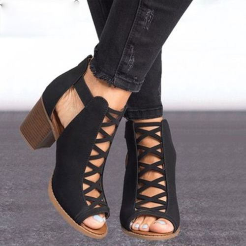 2021 Women Square Heel Sandals Peep Toe Hollow Out Chunky Gl