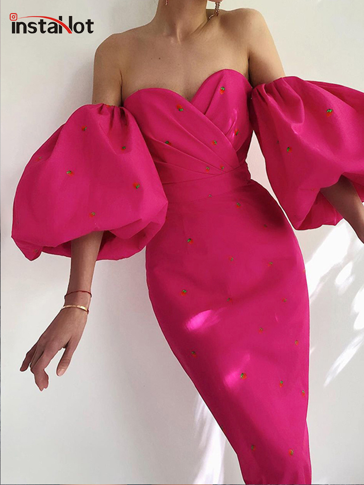 InstaHot Women Elegant Dress Lantern Sleeve Casual Strawberr