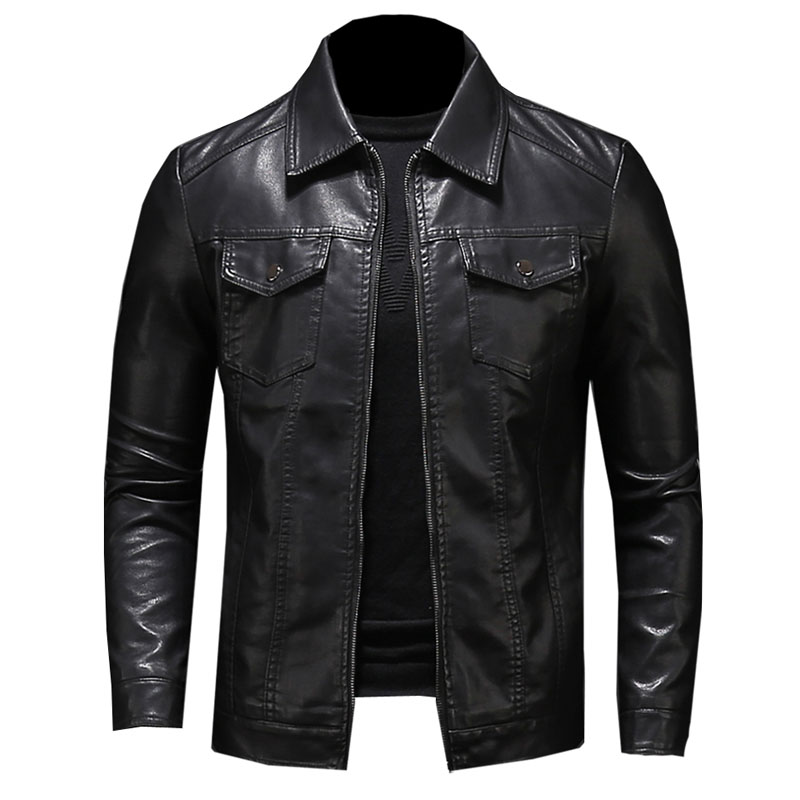 Men's motorcycle leather jacket large size pocket black zipp图片