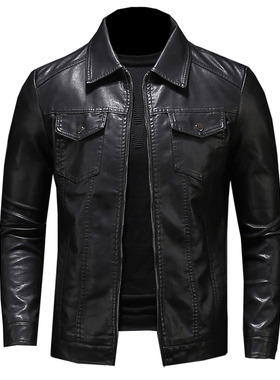 Men's motorcycle leather jacket large size pocket black zipp