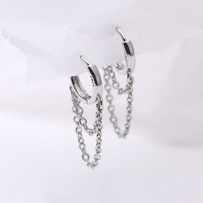 Real 925 Sterling Silver Double Layer Tassel Hoop Earrings F