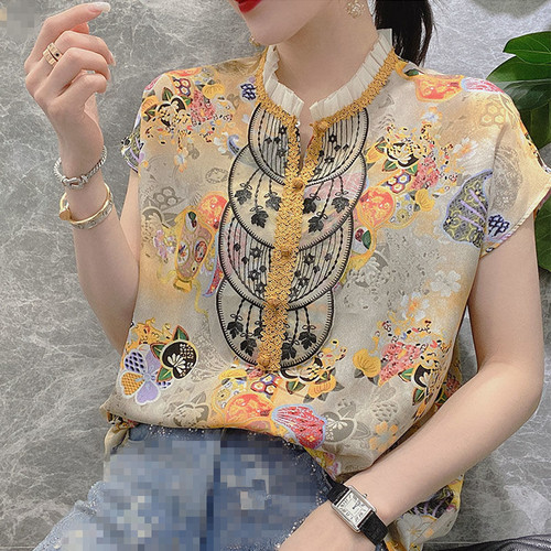 European Style Women Floral Shirt Summer Short-sleeved Chiff