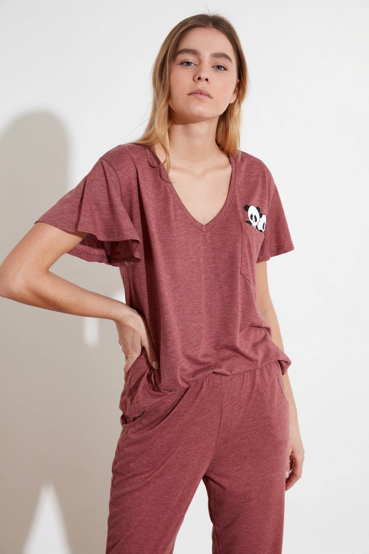 ndyol Panda Printed Knitted Pajamas Set THMSS20PT0172