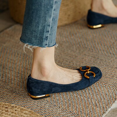 Ladies Flat Shoes Retro Square Toe Leather Loafers for Women