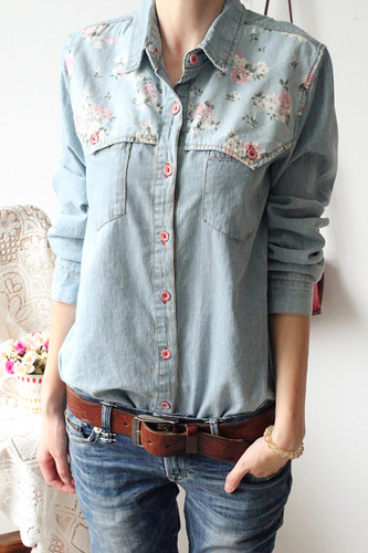 Women autumn fashion slim long sleeve water wash floral prin
