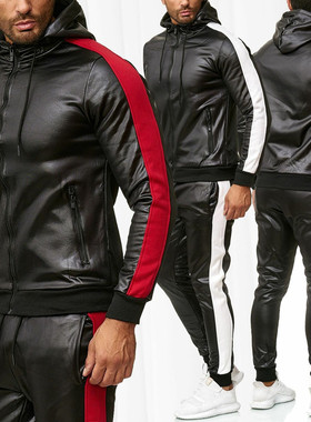ZOGAA Men's PU Leather Hoodies Set 2 Piece Casual Sweatsuit