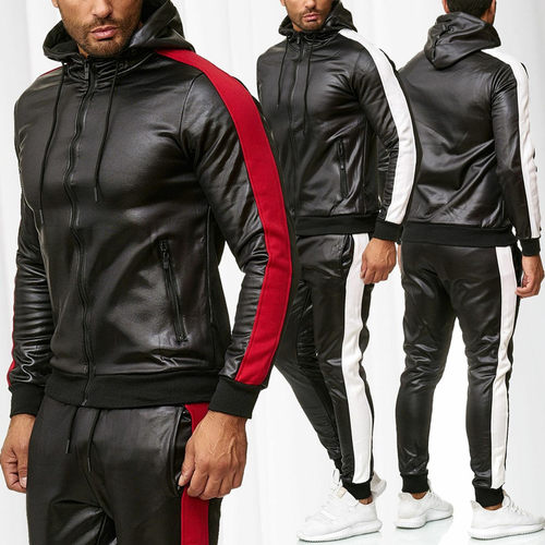 ZOGAA Men's PU Leather Hoodies Set 2 Piece Casual Sweatsuit