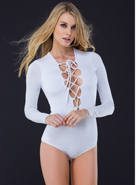 BKLD Sexy Deep V Neck Bandage Long Sleeve Bodysuit Women Bla