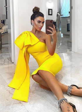 High Quality Blue Orange Runway Bownot One Shoulder Long Sle