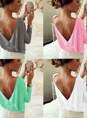 Summer Women's Blouse Fashion Back Open Cross Blouse Shirt T