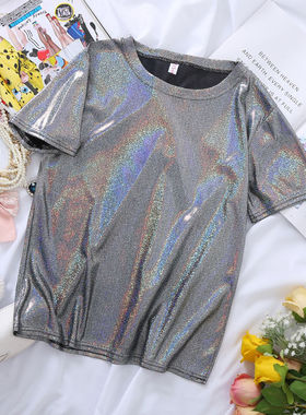 S-6XL Womens Sparkly Shiny Metallic Holographic Round Neck S
