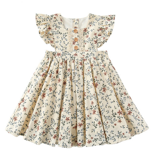 2021 New Summer Girls' Dress Baby Cute Flower Pleated Sleeve