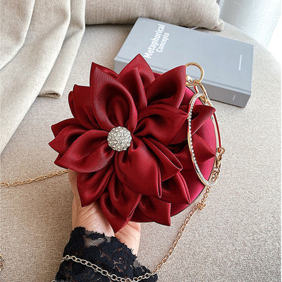 Red Flower Clutch Purse  Women Round  Evening Bag Crystal Di