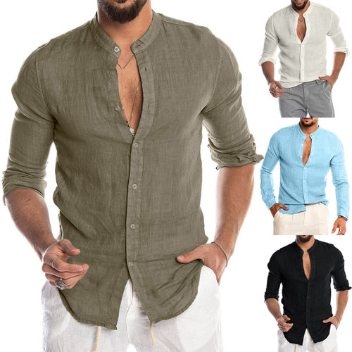 New Men's Casual Blouse Cotton Linen Shirt Loose Tops Short