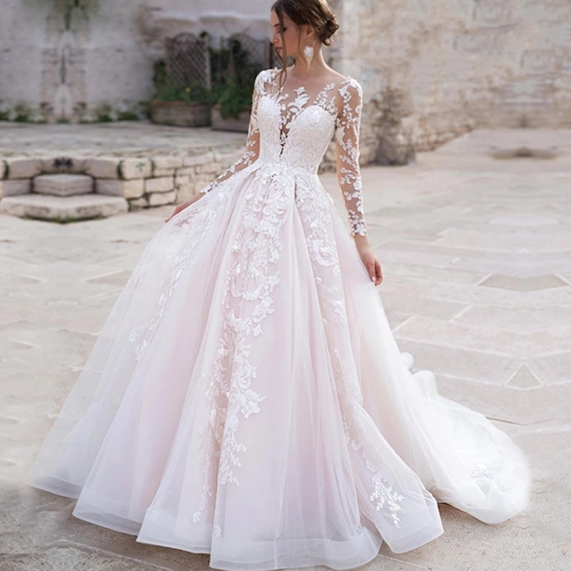 Luxury Pink Long Sleeves Wedding Dress Ball Gown Lace Appliq