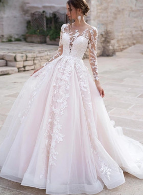 Luxury Pink Long Sleeves Wedding Dress Ball Gown Lace Appliq