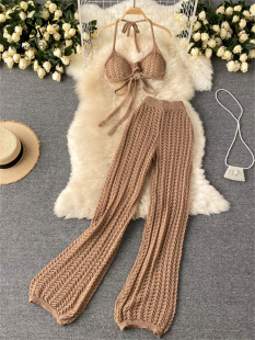 Design Knitted Set SINGREINY Backless Summer Sexy Halt Women