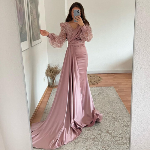 Thinyfull Pink Prom Dresses Glitter V-neck Evening Dress Puf