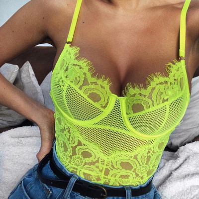 BKLD  Women Strappy Bodysuit Neon Lace Bodysuit Women Jumpsu