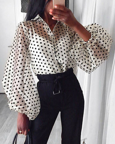 Fashion Womens Summer Mesh Shirt See-through Polka Dot Long
