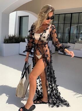 2021 Organza Beach Dress White/Black Beach  Cover up Long Pa