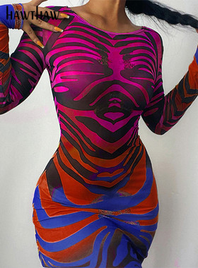 Hawthaw Women Autumn Long Sleeve Printed Mesh See Through Bo