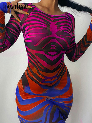 Hawthaw Women Autumn Long Sleeve Printed Mesh See Through Bo