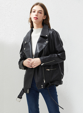 Fitaylor PU Faux Leather Jacket Women Loose Sashes Casual Bi