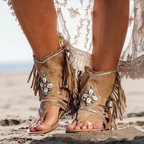 Retro Women Fringe Flower Wedges Shoes  Solid Flock Beach Ca