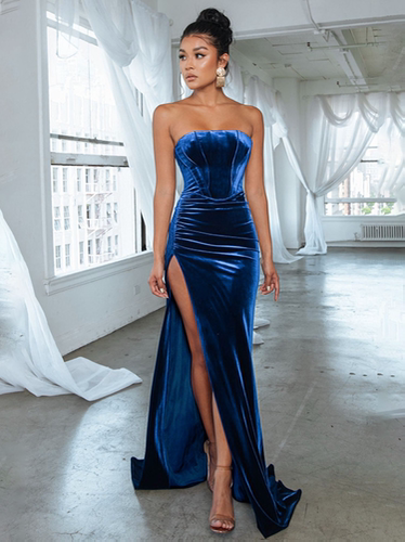 Sexy Backless Corset High Slit Elegant Velvet Evening Gown D