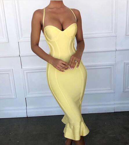 High Quality Pink Yellow Knee Length Rayon Bandage Dress Eve