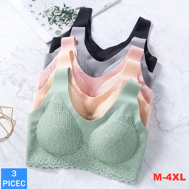 3Pcs Sexy Lace Latex Women's Bras Underwear Comfortable Seam