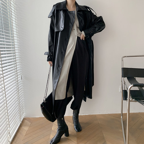 Korea Runway Designer 2021 Fall /Autumn leather Maxi Long Tr