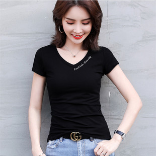 Fashion Summer Top 2021 Women V Neck T Shirt Slim Fit Stch C