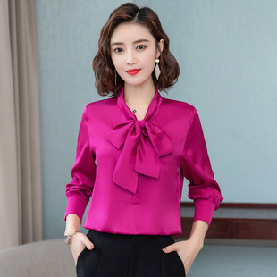 bow satin blouse bright long shirt color women Elegant silk