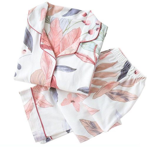 Autumn New Ladies Pajamas Set Floral Printed Full Cotton Fre