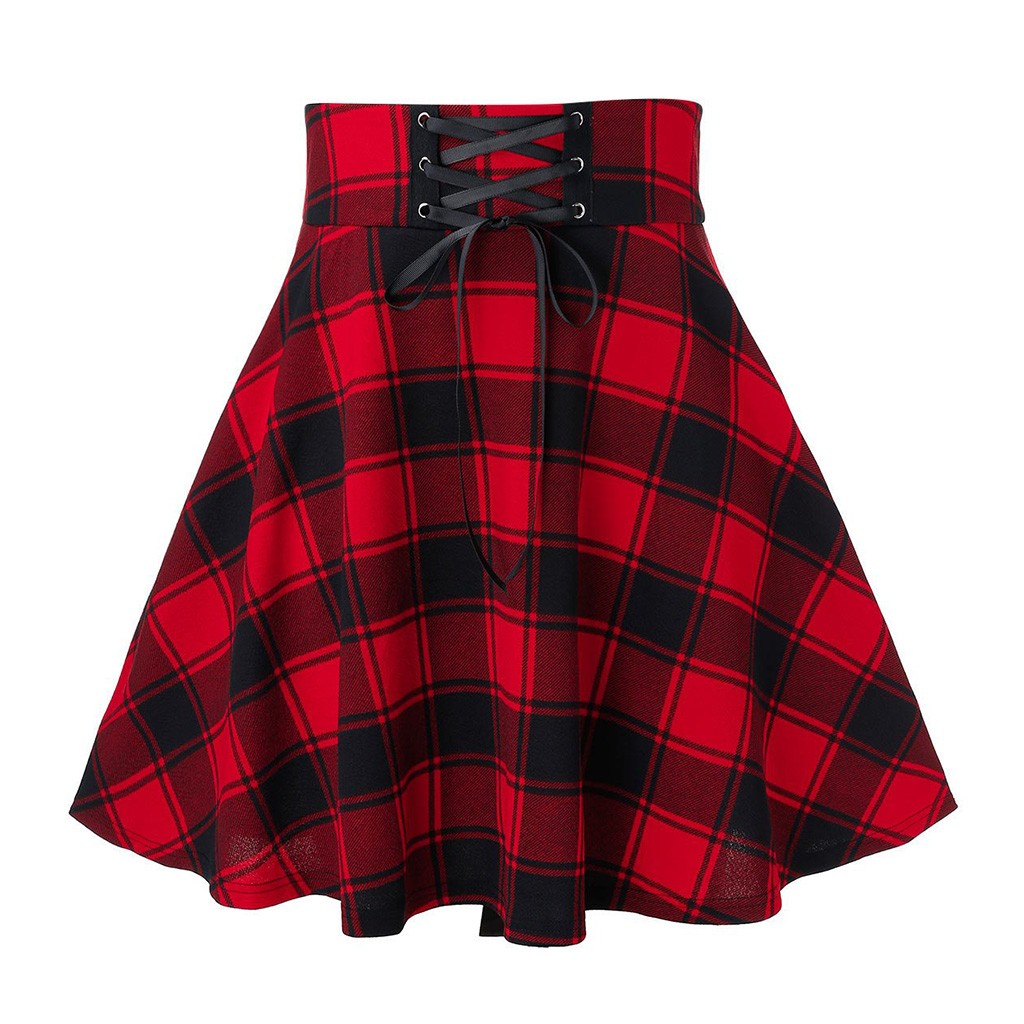Gothic Punk Harajuku Women Plaid Print Skirt Lace Up Hip Hop