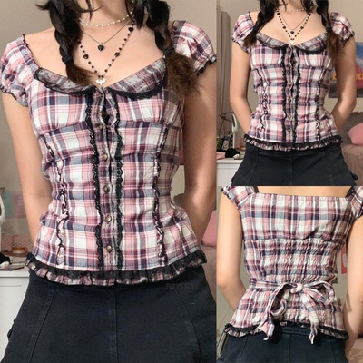 y2k Kawaii Sweet Crop Top Fairycore Gunge Retro Plaid Lace U