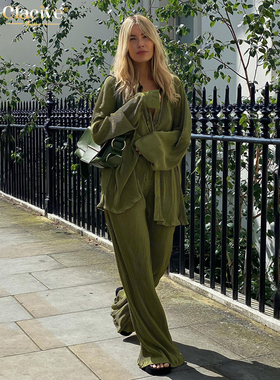 Clacive Elegant Green Pants Set Women Autumn Long Sleeve Blo