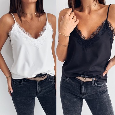 Black White Women Vest Top V Neck Lace Spaghetti Strap Tank