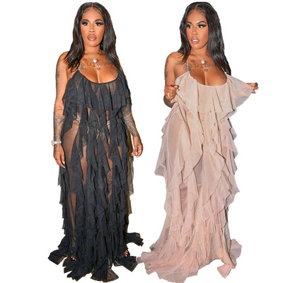 2021 Sexy Mesh Beach Maxi Dresses Women Spaghetti Strap Ruff