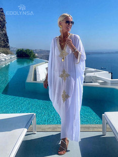 2022 Elegant Gold Embroidered Kaftan Retro V-neck White Dres