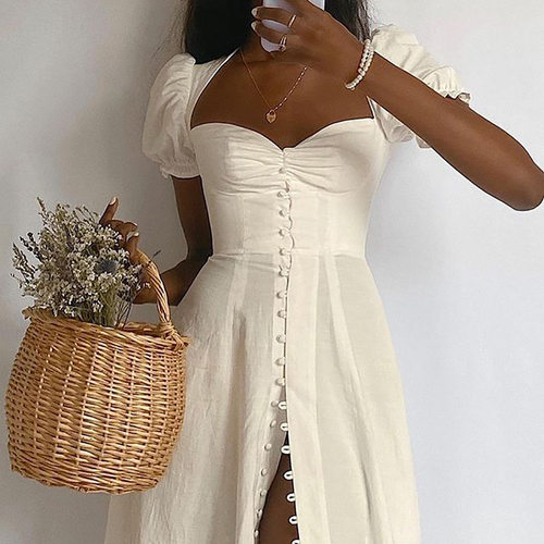 Vintage Solid Button Midi Dress Sexy Party Club Bodycon Stra