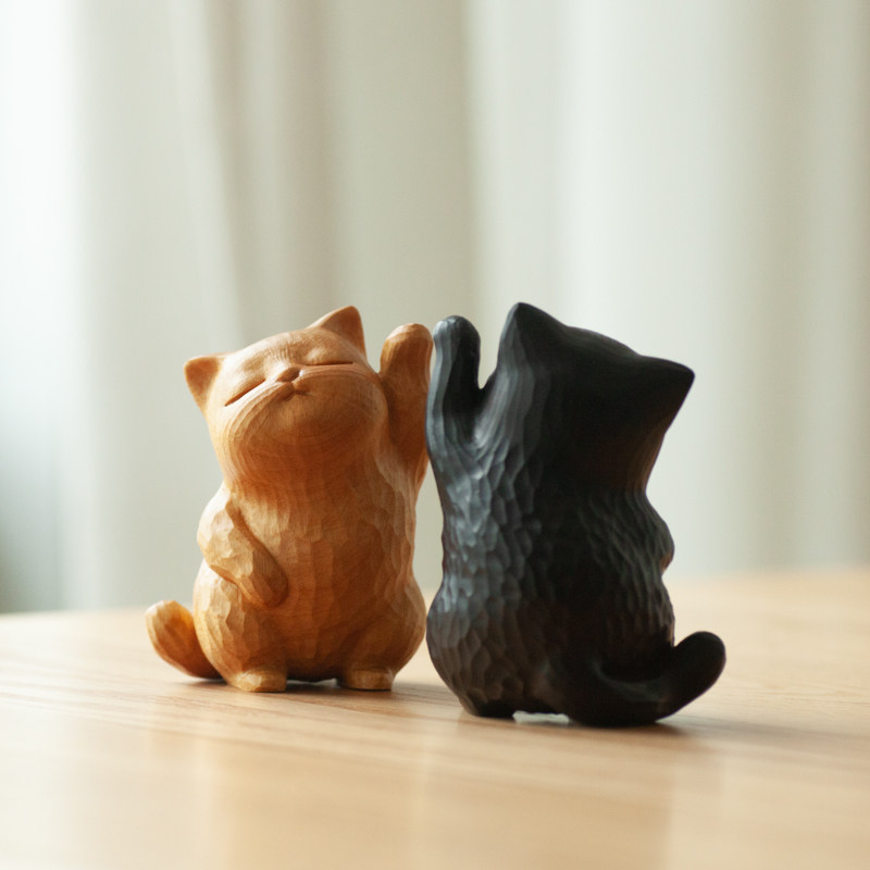 元也先生原创艺术家居客厅摆件黑金檀木雕招财猫生日礼物男女朋友